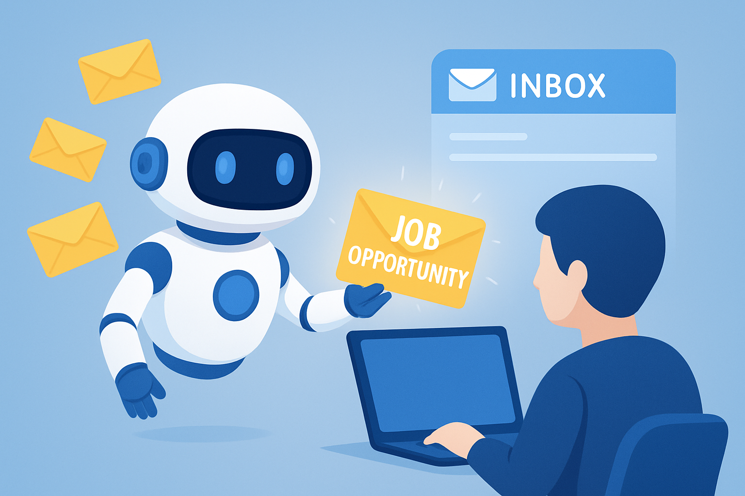 AI robot delivering a job opportunity email to a person on a laptop