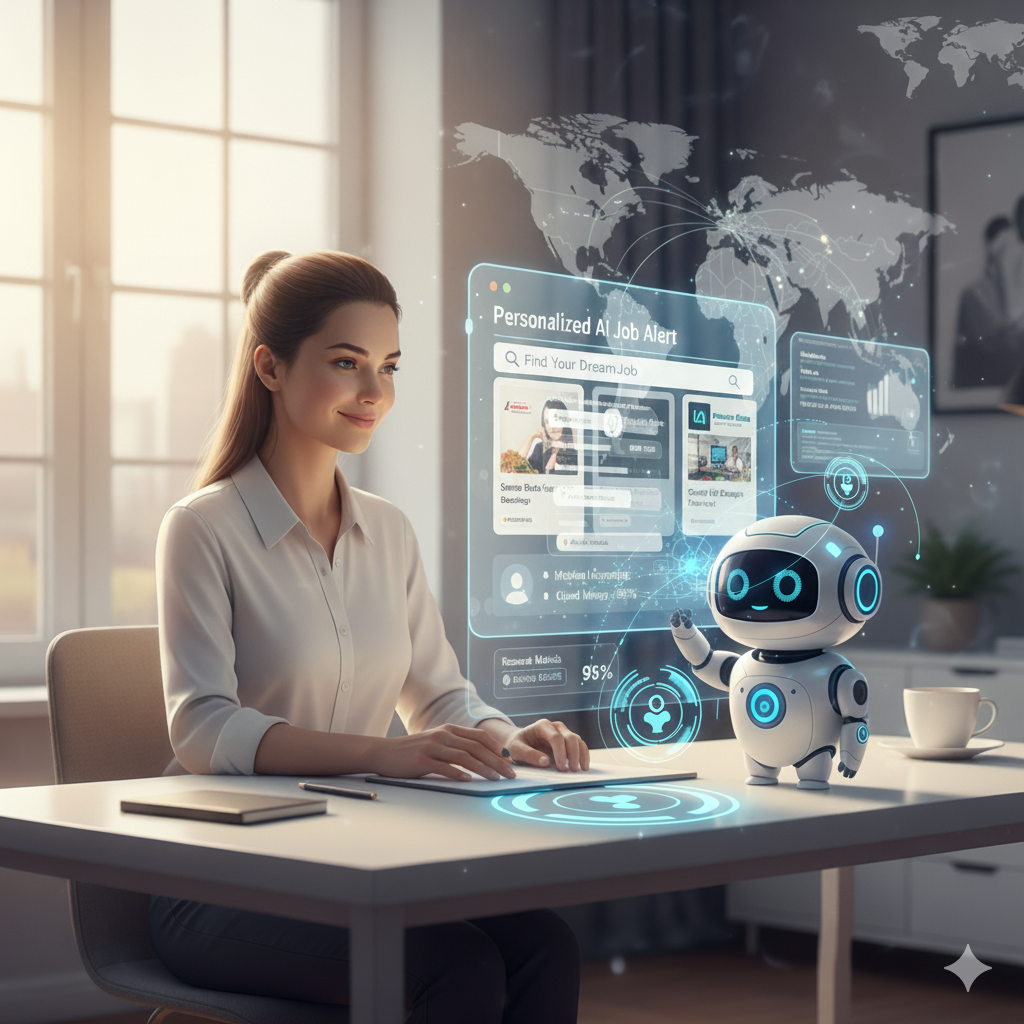 A professional woman at her desk interacting with an AI robot and futuristic job search interface